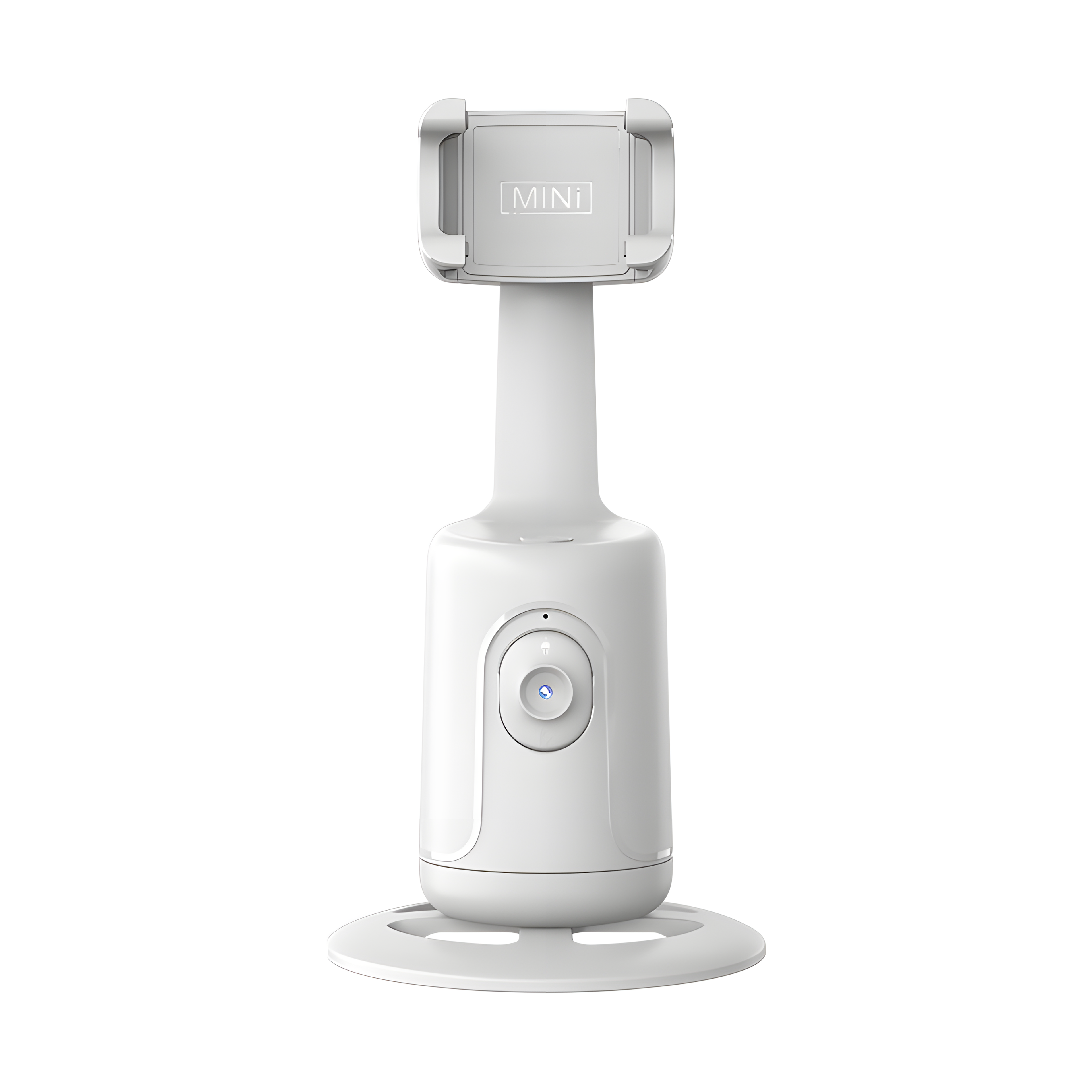 Kivo One bianco visto di fronte, con pinza porta-smartphone e base rotante